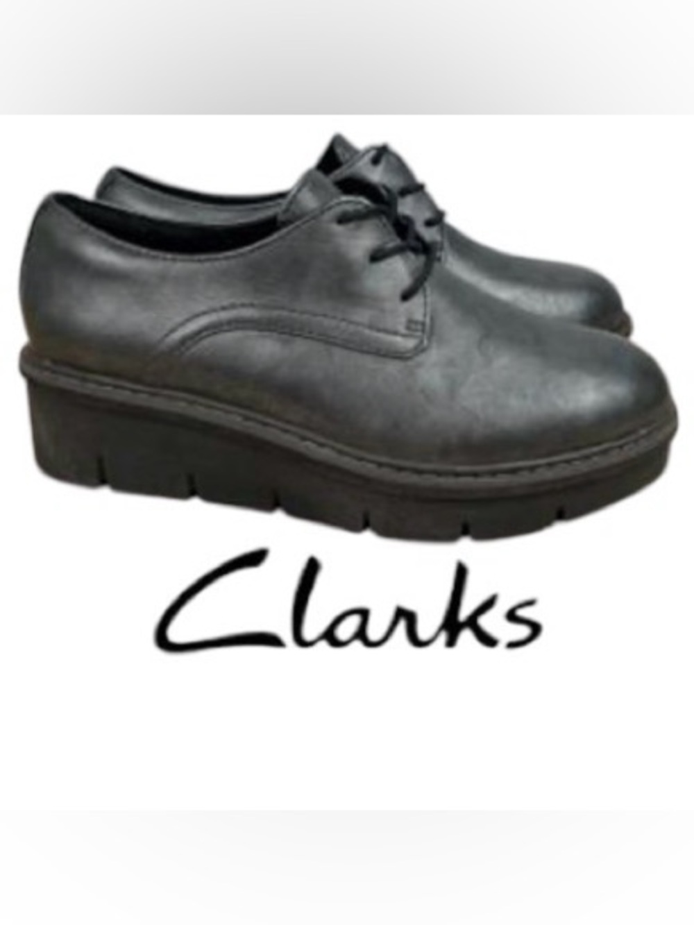 91/2 Wide Clark’s Women’s Leather Lace-Up Wedge Oxford Derby Shoes in Gunmetal